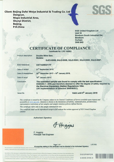 China Beijing Dafei Weiye Industrial & Trading Co., Ltd. certifications